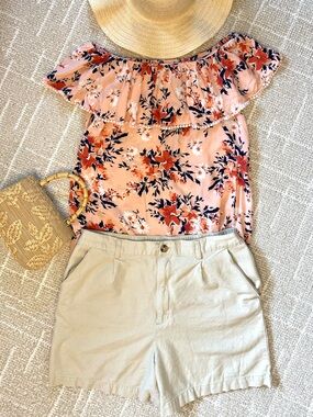 Top +Shorts for Amazing price Floral Off-Shoulder Ruffle and Shorts